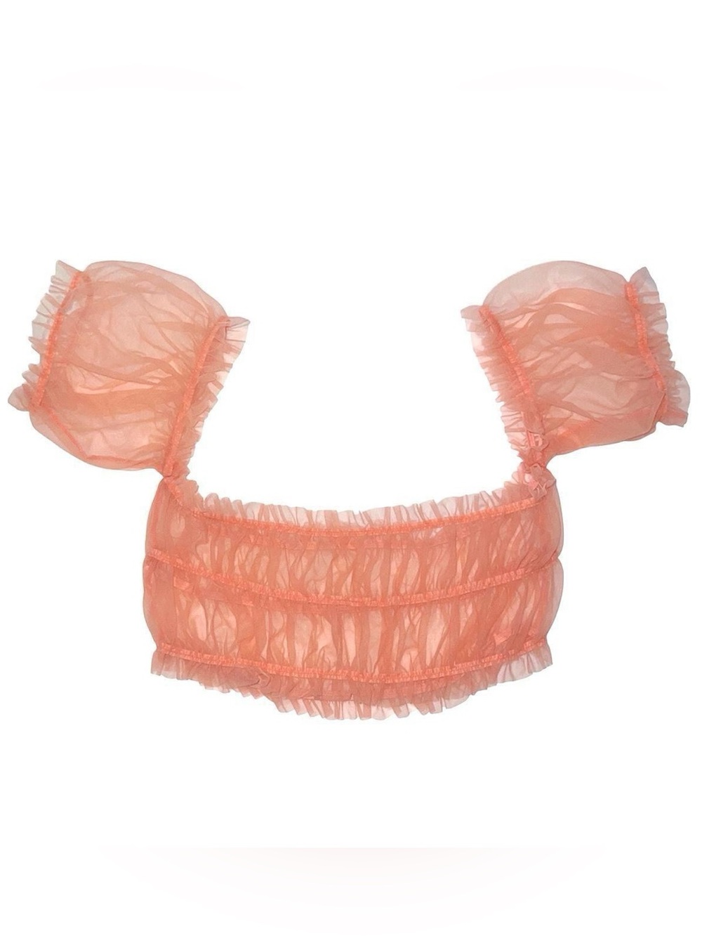 Orange mesh ruffle crop top.